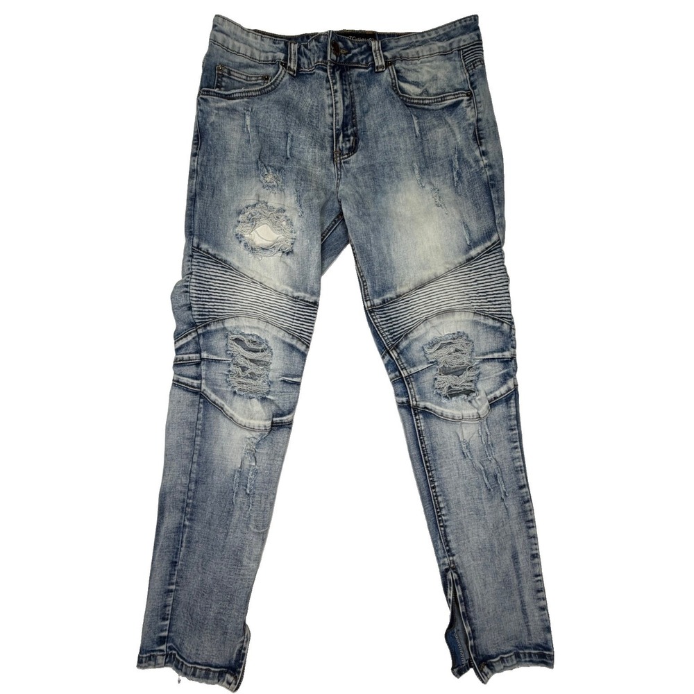 Victorious Men's W32 Moto Biker Jeans Distressed Cargo Zipper Grunge Punk